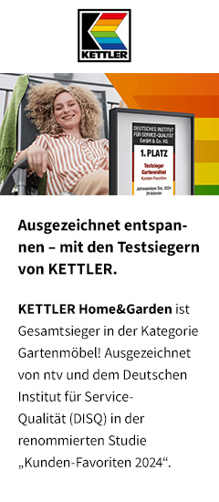 KETTLER Home&Garden ist Gesamtsieger in der Kategorie Gartenmöbel! Ausgezeichnet von ntv und dem Deutschen Institut für Service-Qualität (DISQ) in der renommierten Studie „Kunden-Favoriten 2024“.